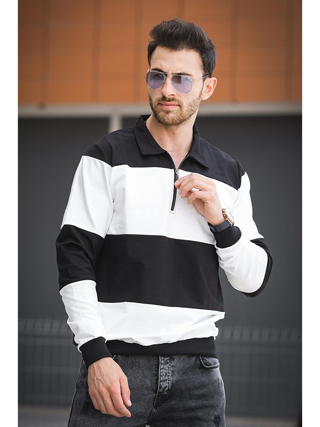 Siyah Yaounde Çift Renkli Yarım Fermuarlı Yakalı Erkek Sweatshirt