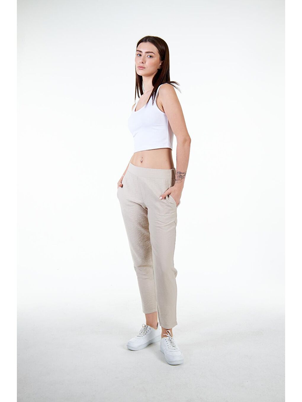 Bej Kadın Keten Görünümlü Carrot Fit Havuç Pantolon - Perla-2