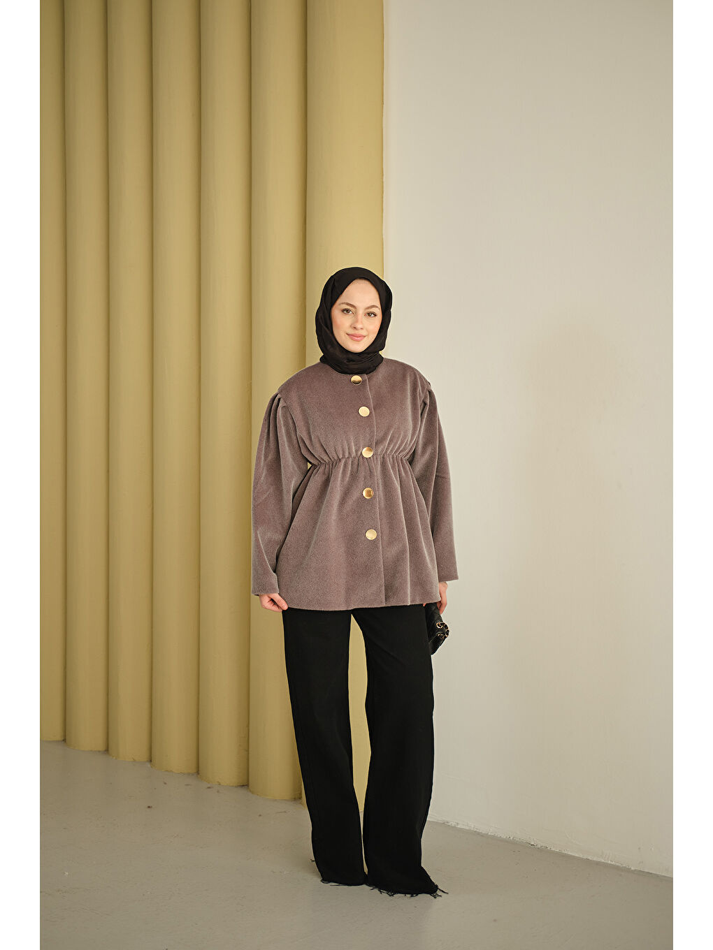 Kadın Beli Lastikli Angora Ceket Gri-1