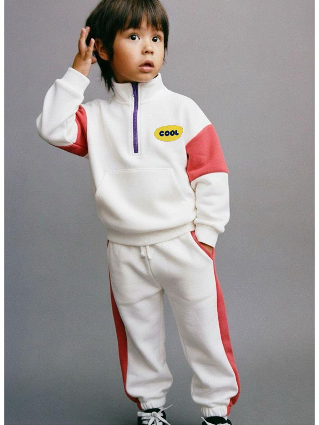 Unisex Çocuk Pamuklu Beyaz Pembe Cool Yazılı Zip Eşofman Takımı