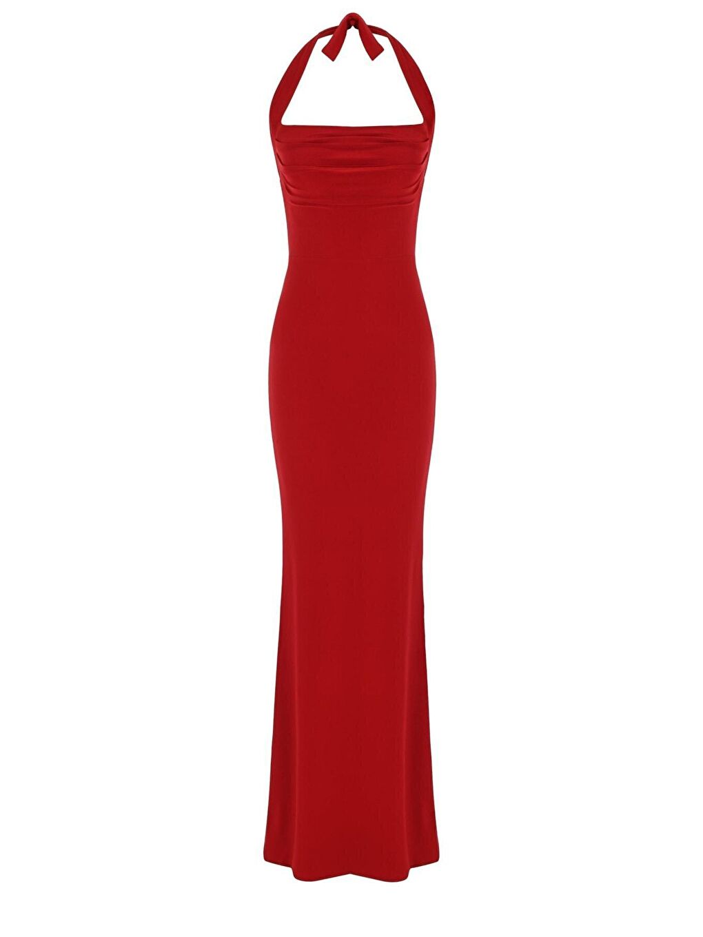 Kırmızı Boyundan Bağlamalı Göğüs Bölgesi Drapeli Arkadan Yırtmaçlı Abiye Elbise