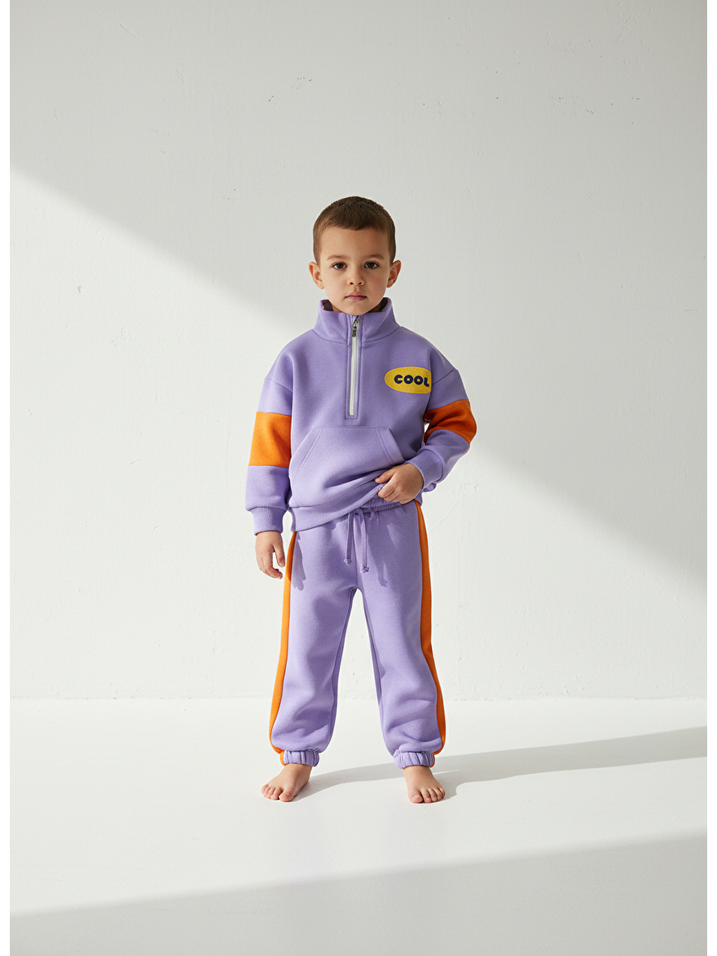 Mor Unisex Çocuk Pamuklu Lila Turuncu Cool Yazılı Zip Eşofman Takımı