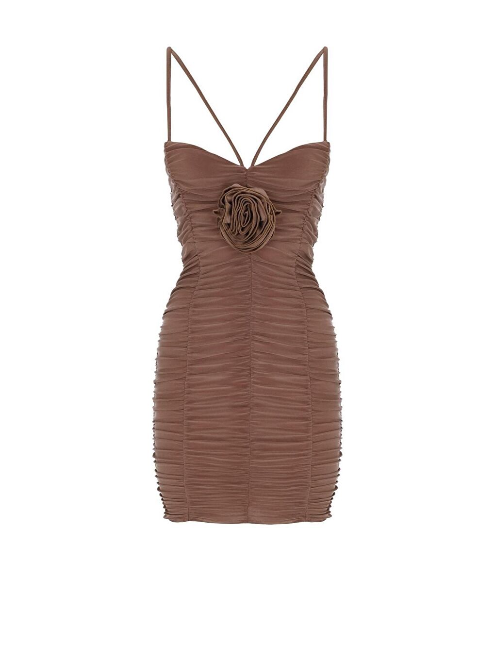 Bej Drapeli Çift Askılı Gül Detaylı Mini Elbise