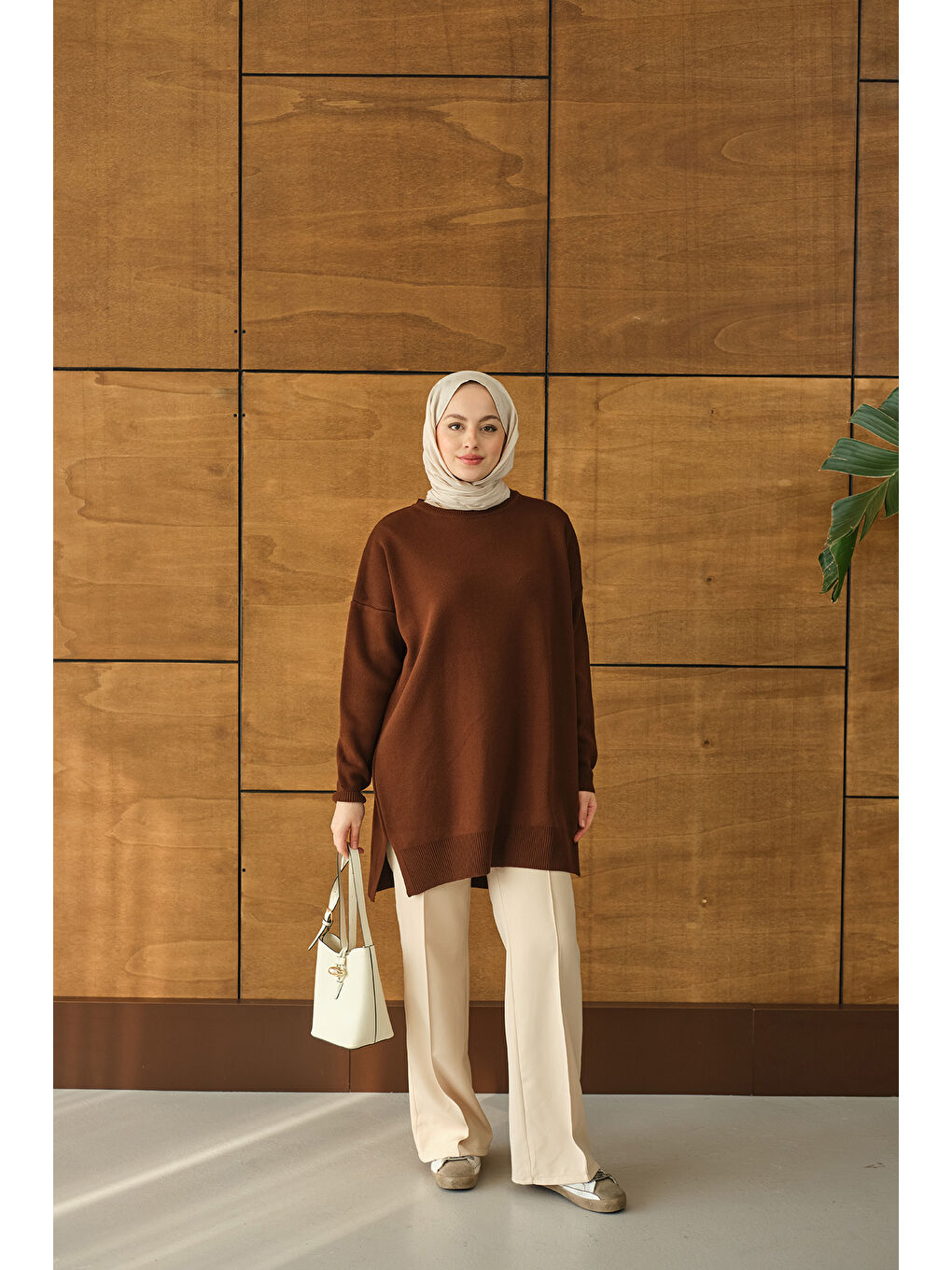 Kadın Basic Triko Tunik Kahverengi-1