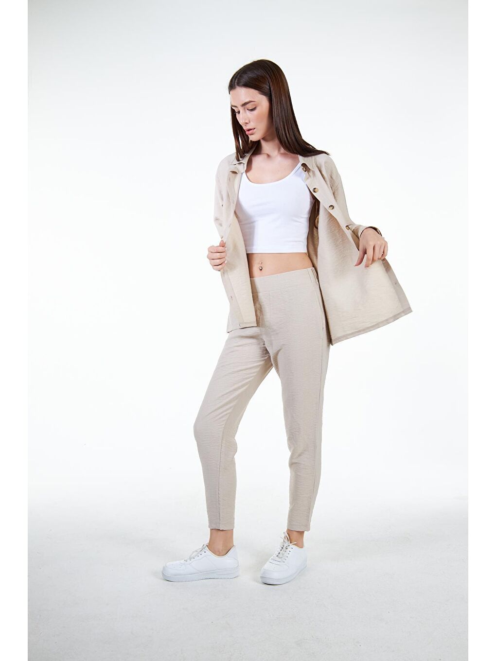 Bej Kadın Keten Görünümlü Carrot Fit Havuç Pantolon - Perla-4