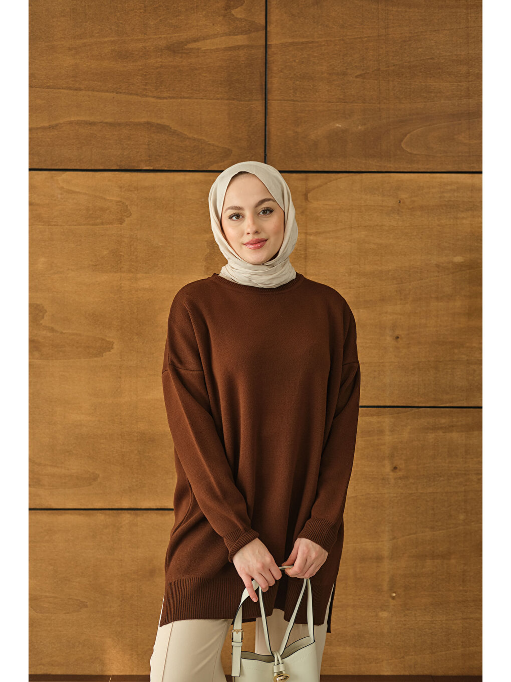 Kadın Basic Triko Tunik Kahverengi-2