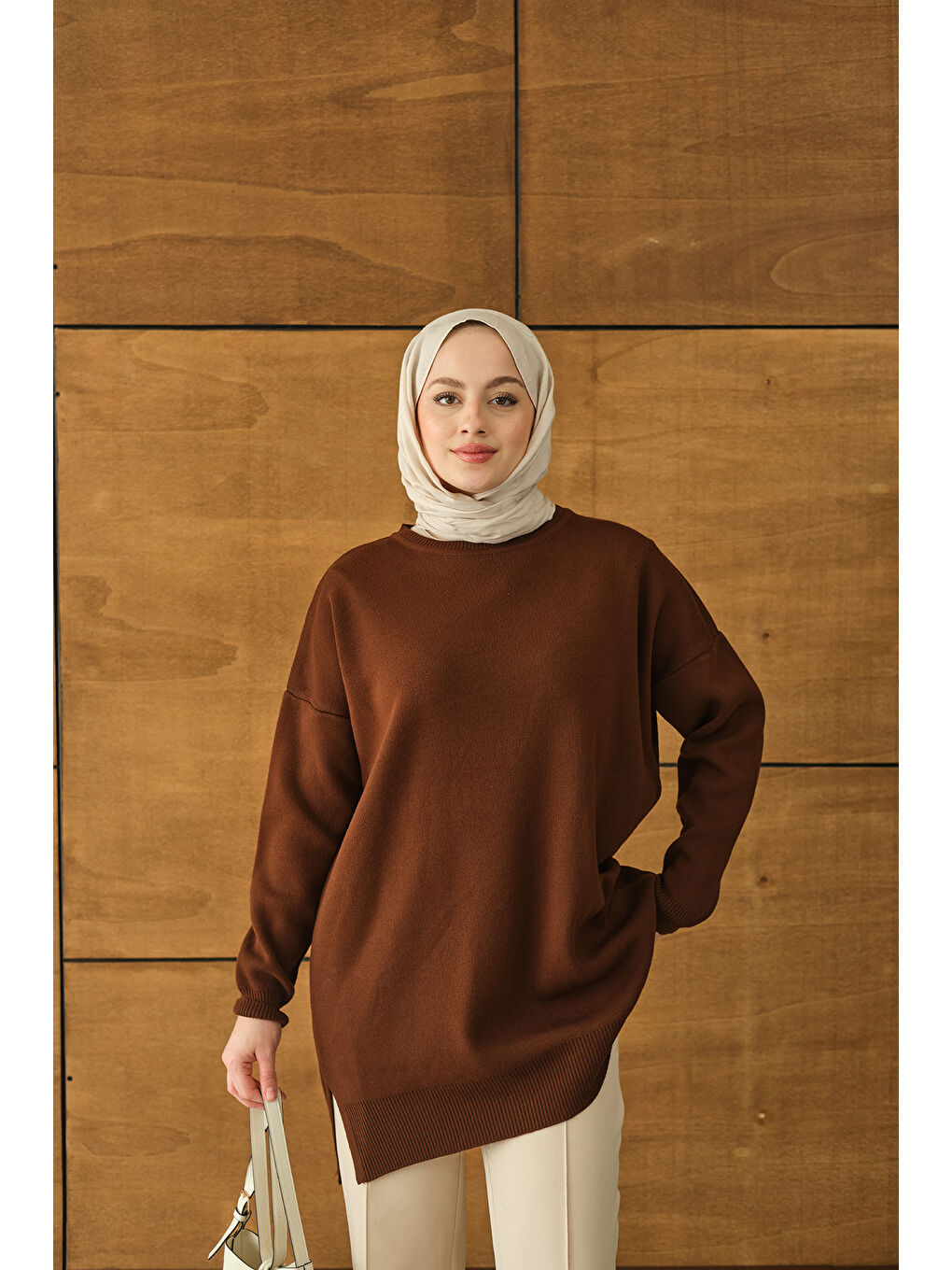 Kadın Basic Triko Tunik Kahverengi-3