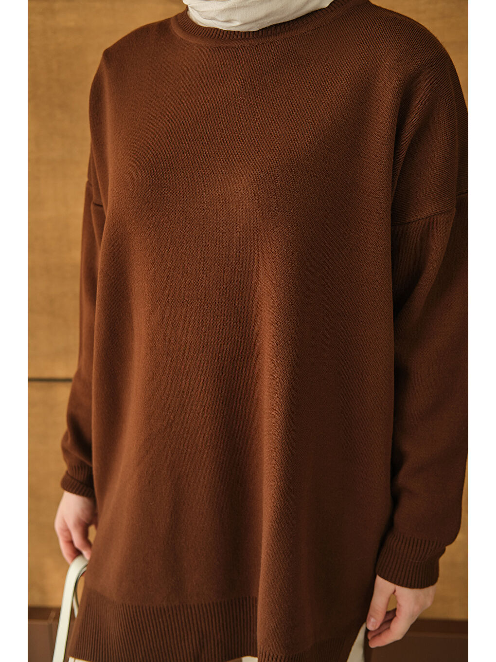 Kadın Basic Triko Tunik Kahverengi-4