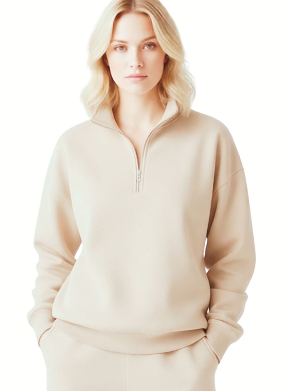 Kadın Bej Oversize Yarım Fermuarlı Yumuşak Sweatshirt