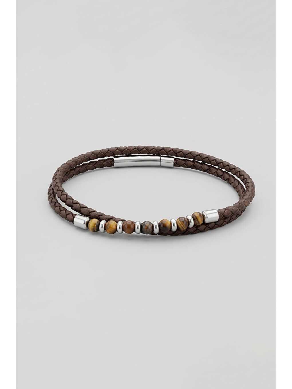 Erkek Boncuklu Örgü Deri Çift Kat Bileklik Kahverengi