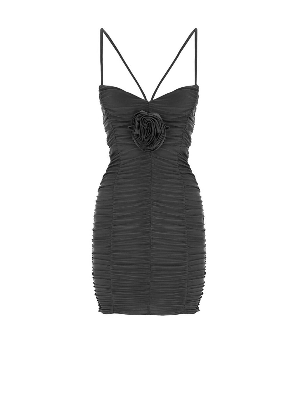Siyah Drapeli Çift Askılı Gül Detaylı Mini Elbise