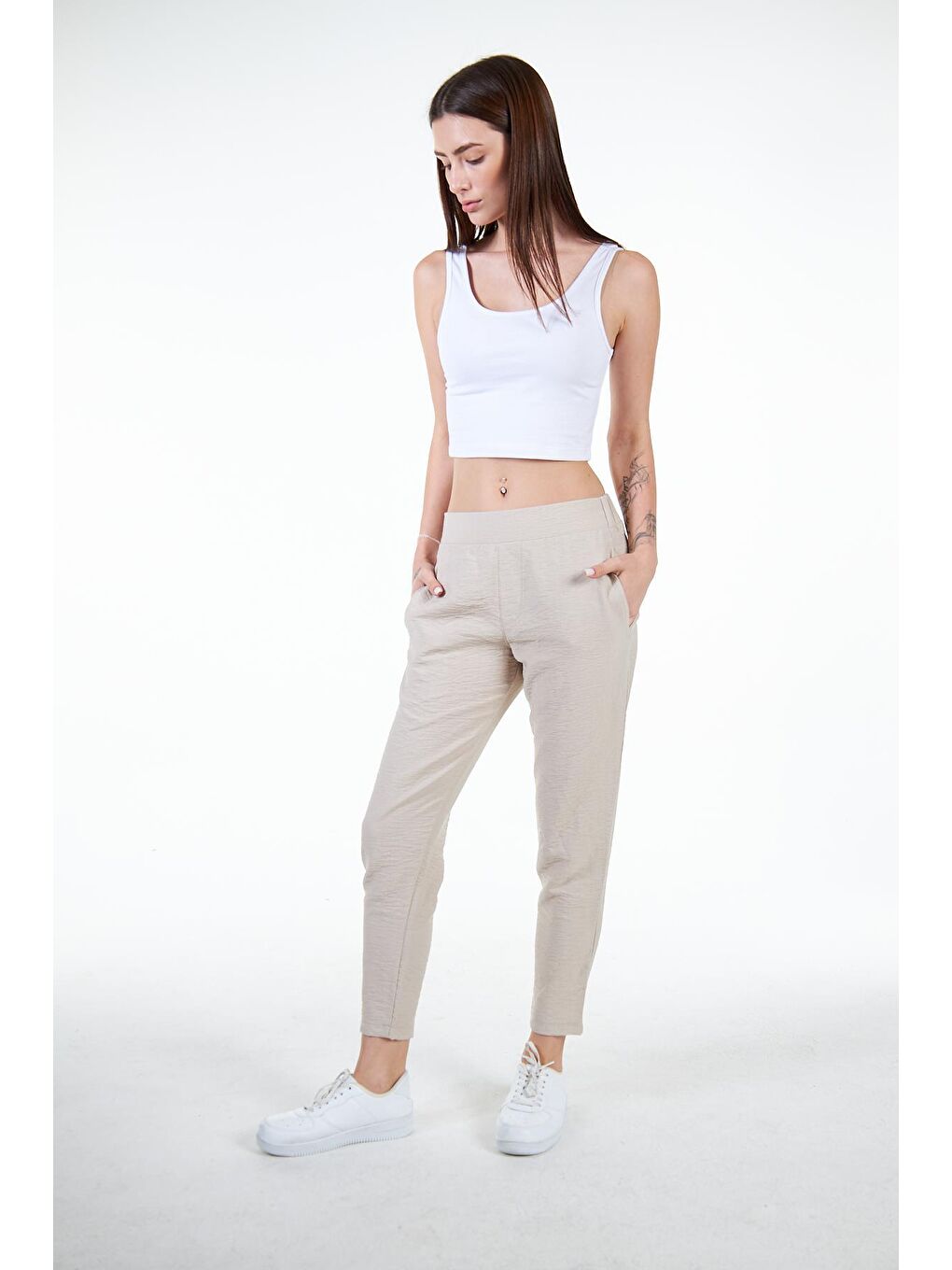 Bej Kadın Keten Görünümlü Carrot Fit Havuç Pantolon - Perla-6