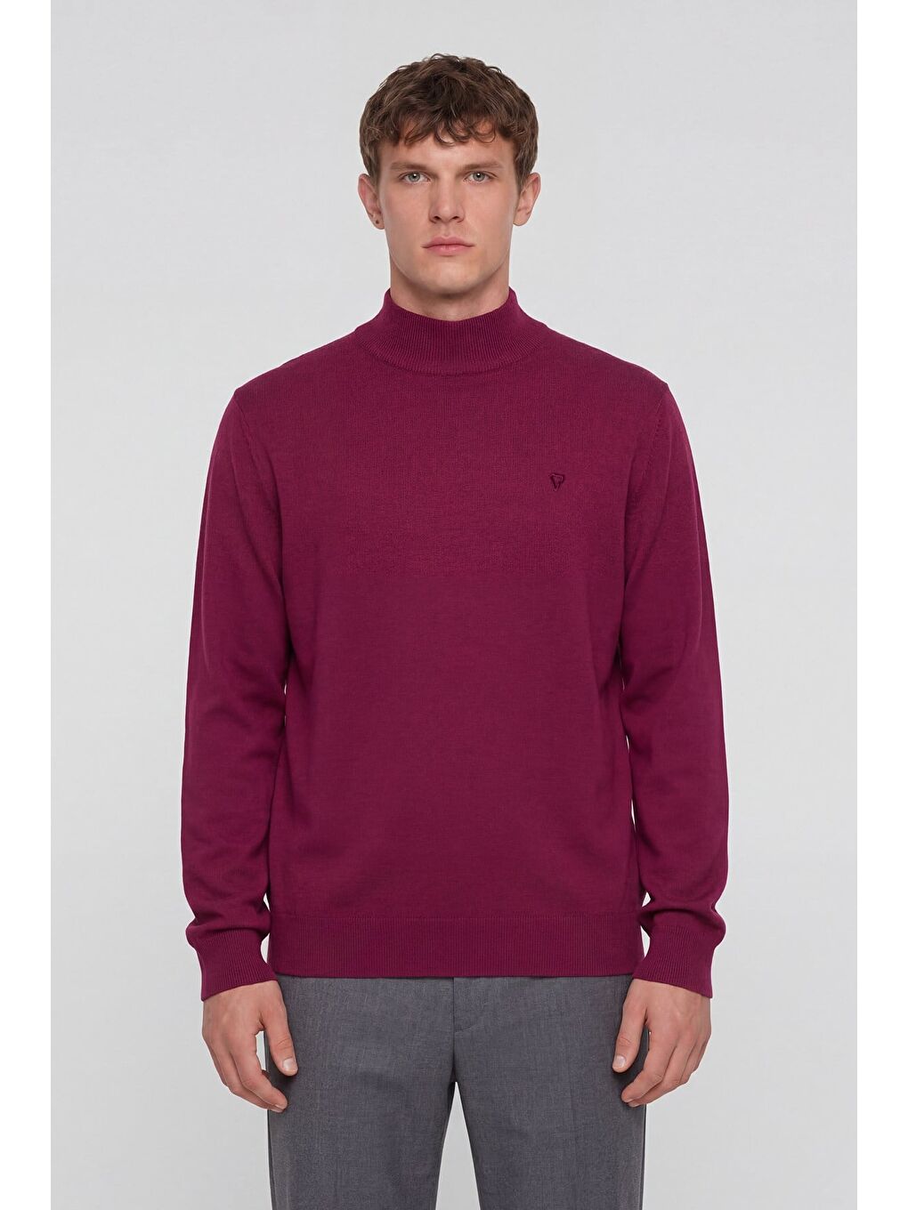 Kırmızı Giotelli Erkek Vişne Normal Kesim Regular Fit Yünlü Dokuma Yarım Balıkçı Yaka Triko Kazak