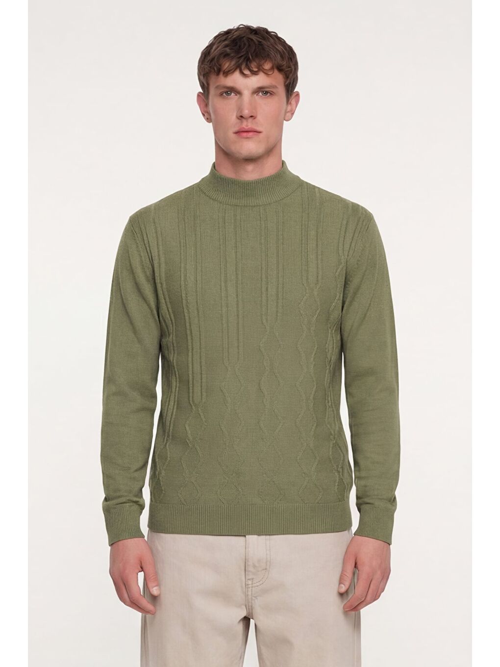 Erkek Zeytin Yeşili Dar Kesim Slim Fit Yünlü Yarım Balıkçı Yaka Triko Kazak