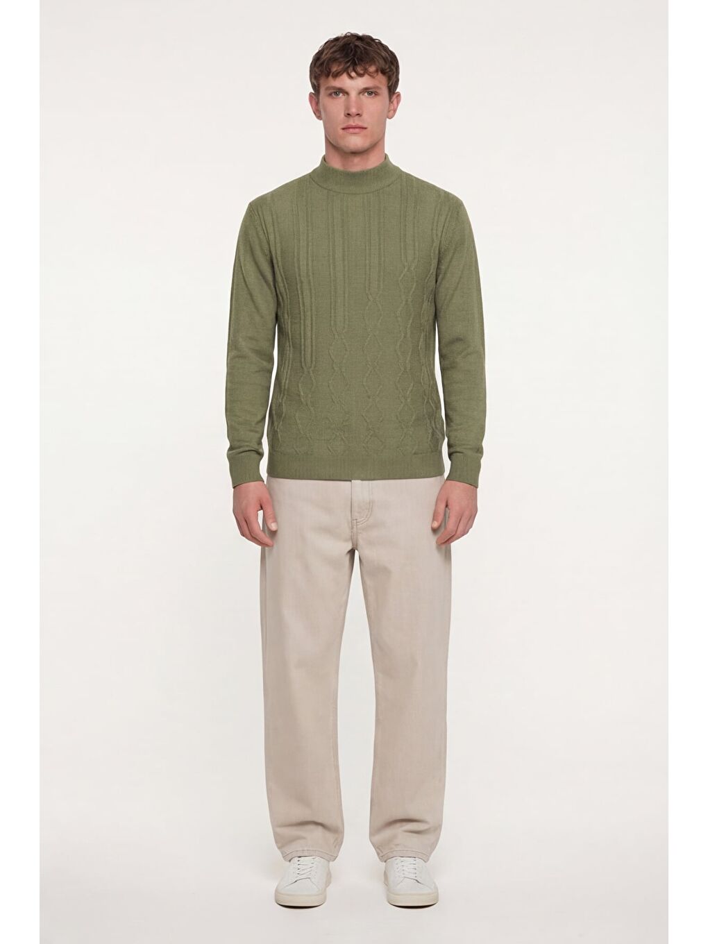 Erkek Zeytin Yeşili Dar Kesim Slim Fit Yünlü Yarım Balıkçı Yaka Triko Kazak-1