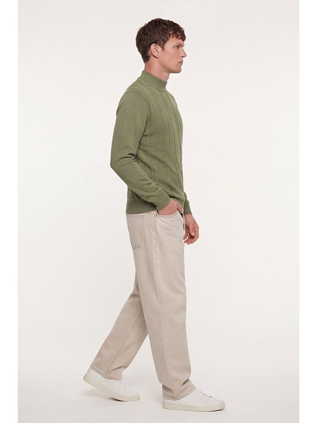 Erkek Zeytin Yeşili Dar Kesim Slim Fit Yünlü Yarım Balıkçı Yaka Triko Kazak-2