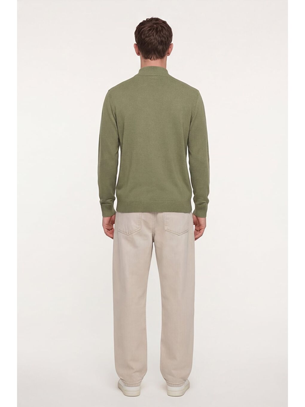 Erkek Zeytin Yeşili Dar Kesim Slim Fit Yünlü Yarım Balıkçı Yaka Triko Kazak-3