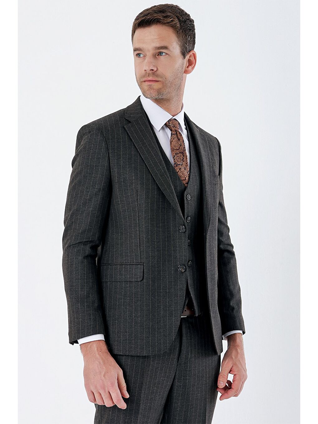 Siyah Çizgili Mono Yaka Yelekli 6 Drop Slim Fit Dar Kesim Klasik Takım Elbise 1001235160-1