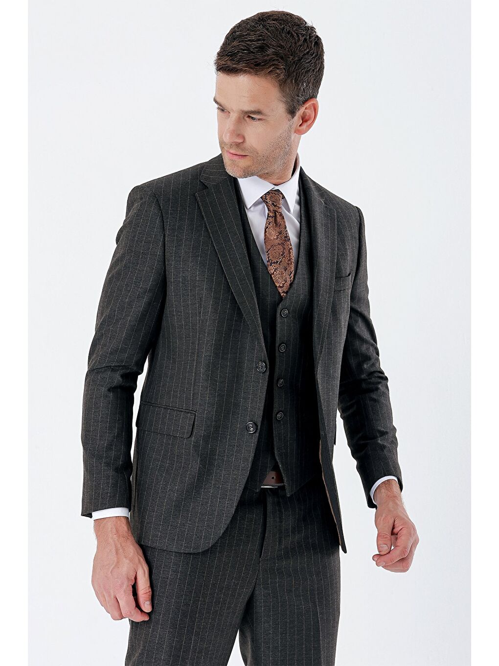 Siyah Çizgili Mono Yaka Yelekli 6 Drop Slim Fit Dar Kesim Klasik Takım Elbise 1001235160-2