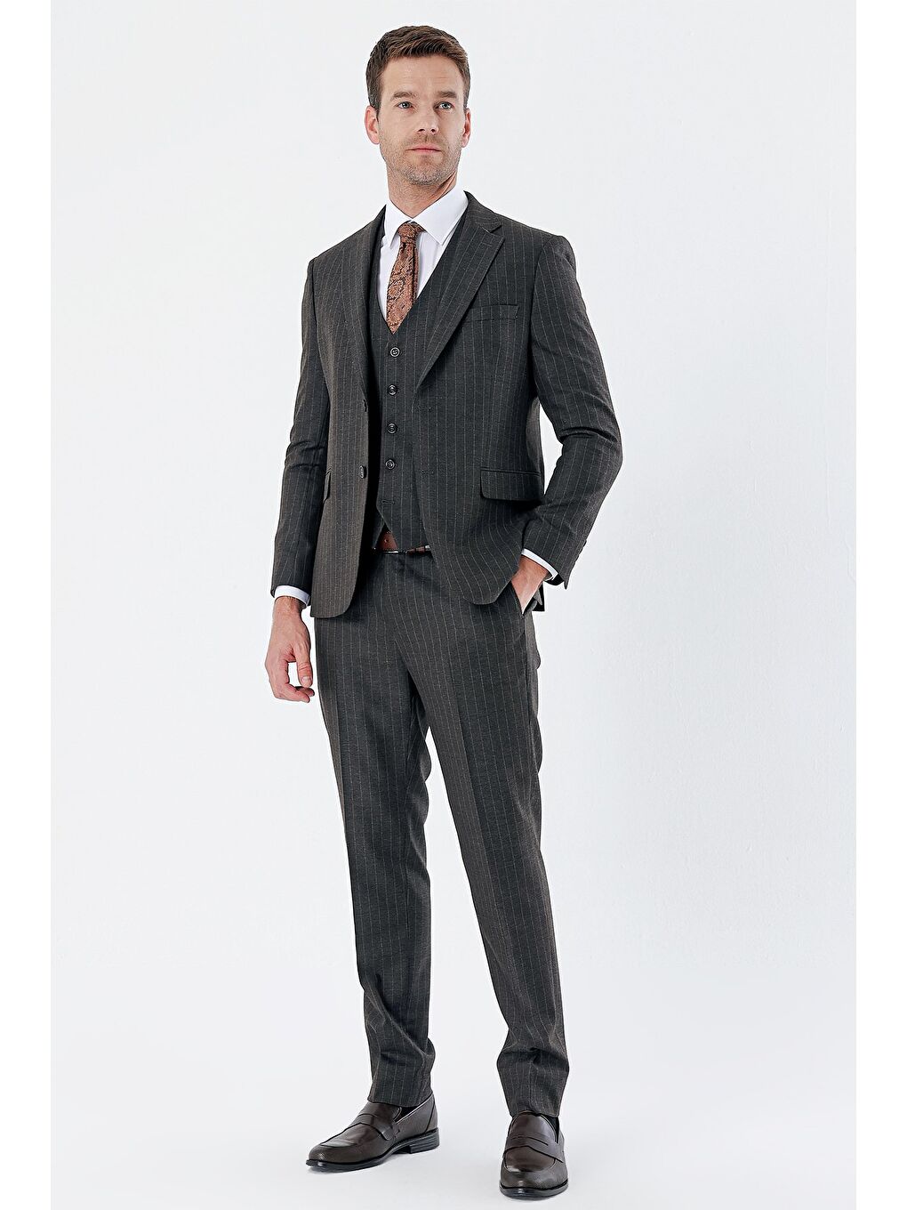 Siyah Çizgili Mono Yaka Yelekli 6 Drop Slim Fit Dar Kesim Klasik Takım Elbise 1001235160-3
