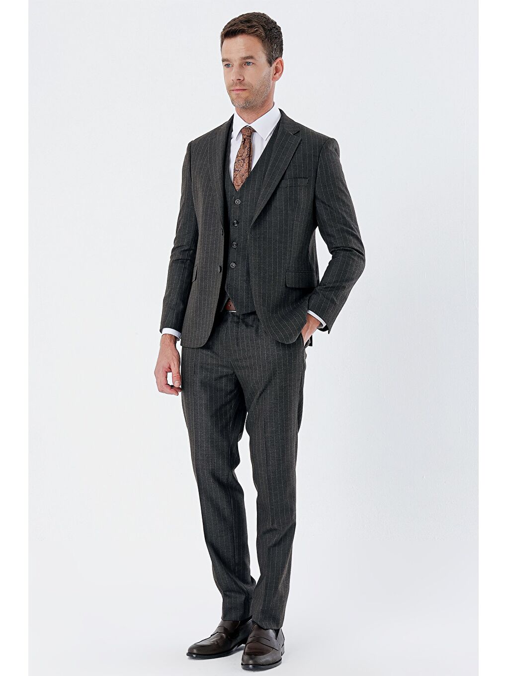 Siyah Çizgili Mono Yaka Yelekli 6 Drop Slim Fit Dar Kesim Klasik Takım Elbise 1001235160-4