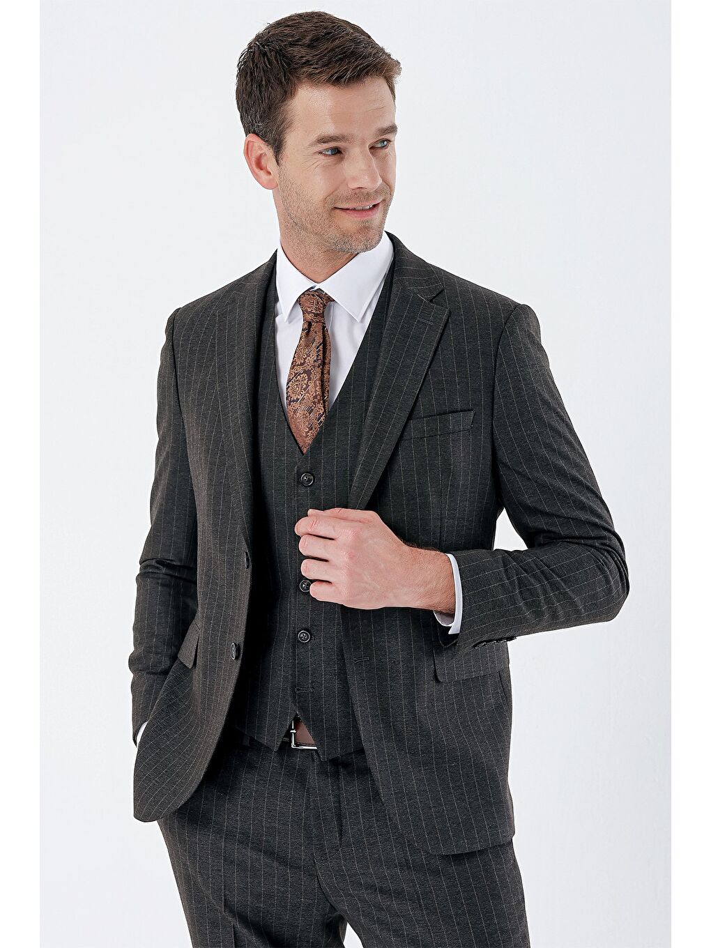 Siyah Çizgili Mono Yaka Yelekli 6 Drop Slim Fit Dar Kesim Klasik Takım Elbise 1001235160-5