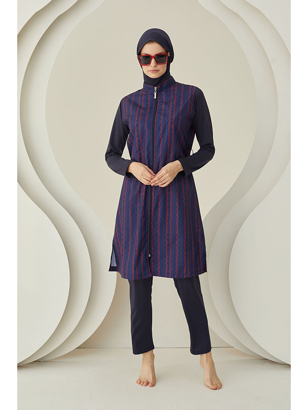 Lacivert Çizgi Desenli Dokuma Tesettür Mayo