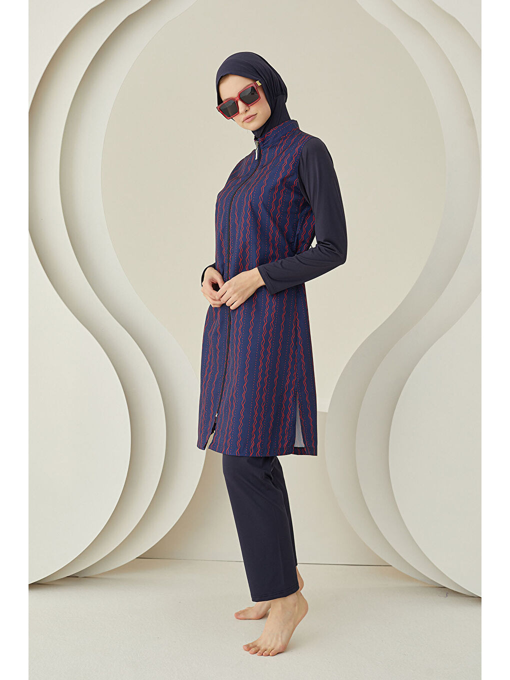 Lacivert Çizgi Desenli Dokuma Tesettür Mayo-1