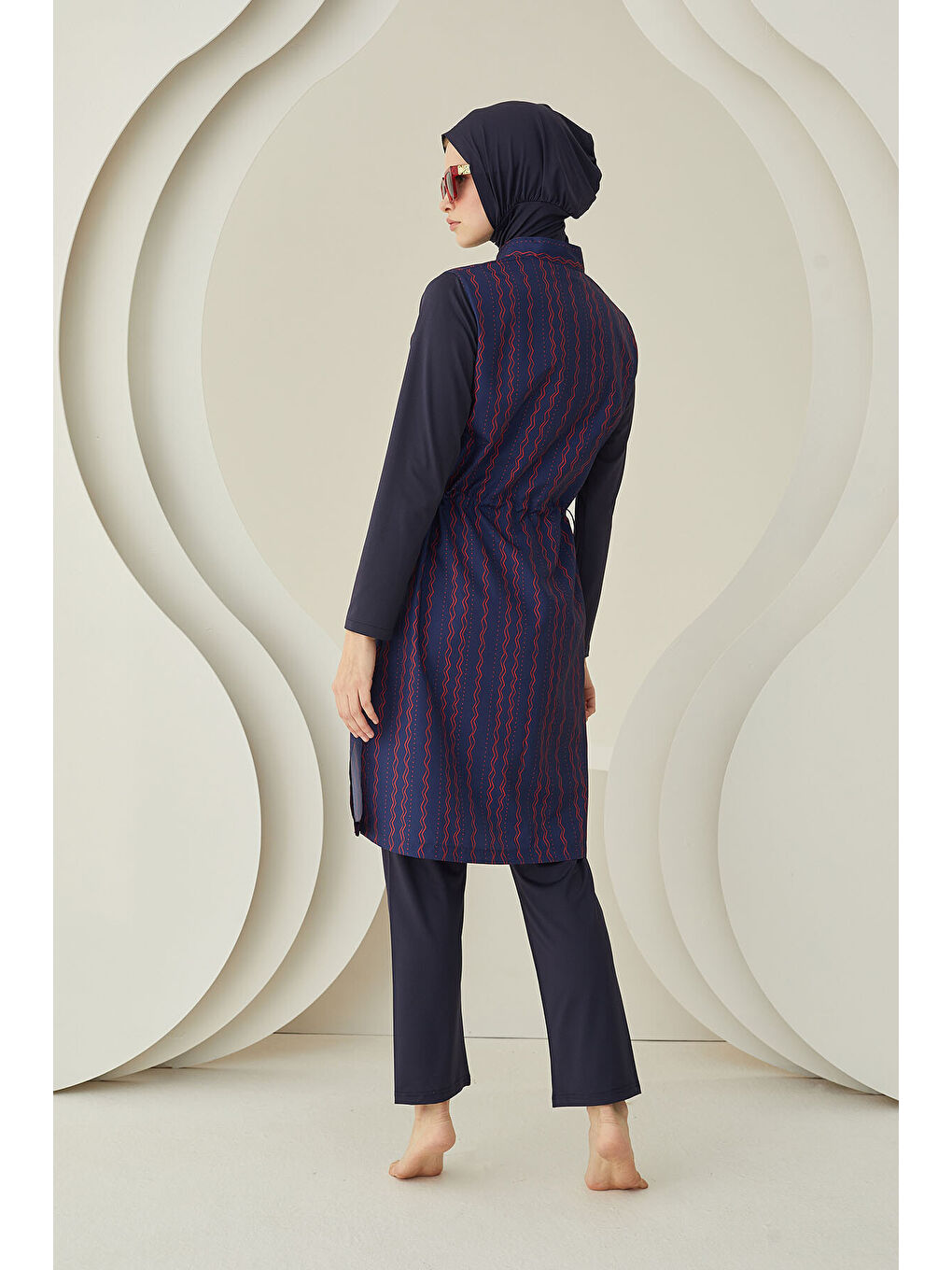 Lacivert Çizgi Desenli Dokuma Tesettür Mayo-2