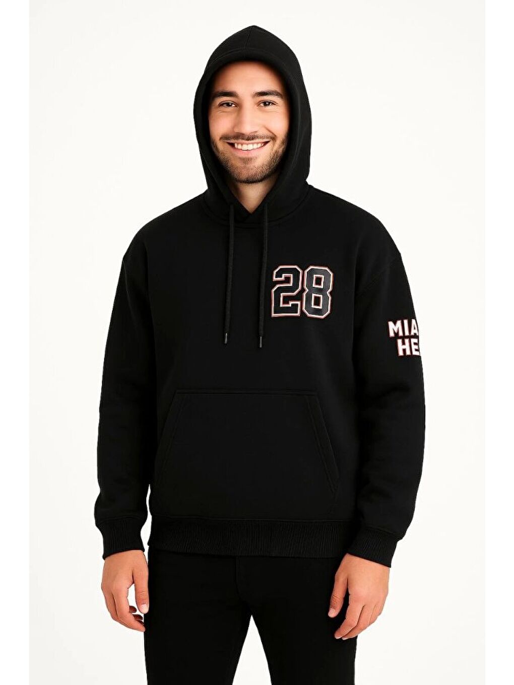 Üç İplik Kapüşonlu Ön Ve Arka Baskılı Sweatshirt Hoodie - Siyah-1