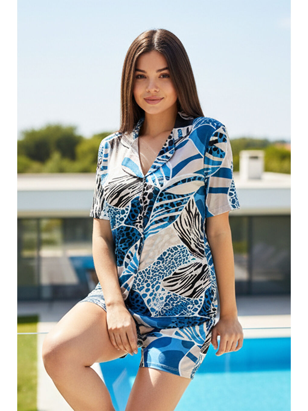 Kadın Desenli Kısa Kol Önü Düğmeli Elastanlı Viskon Pijama Takımı 0311 Petrol01-1