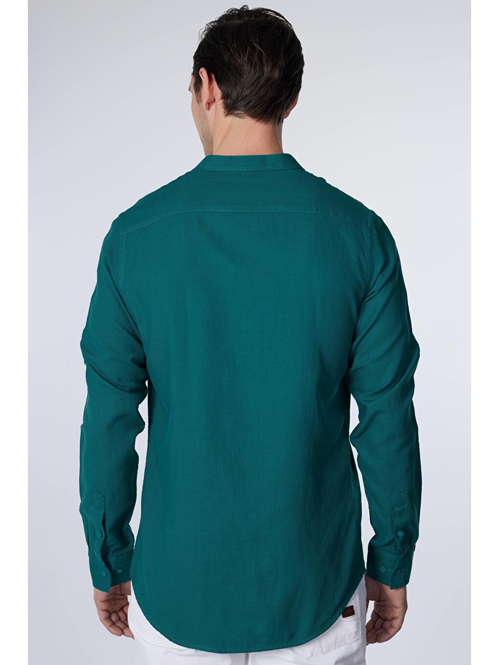Slim Fit Uzun Kollu Dar Kalıp Hakim Yaka Pamuklu Düz Keten Doku Yazlık Yeşil Erkek Gömlek-4