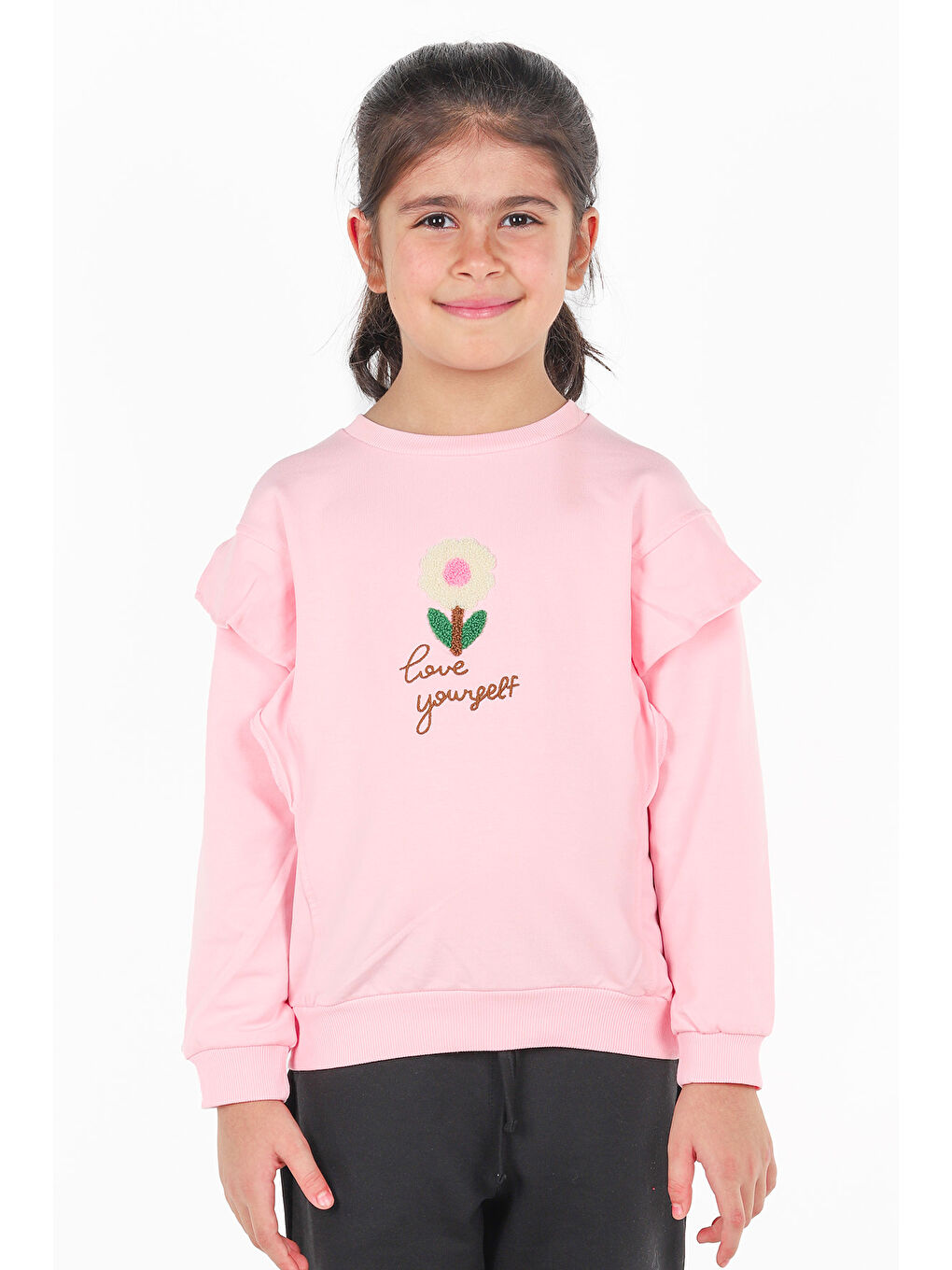 KİKO Pembe Bisiklet Yaka Çiçek Nakışlı Uzun Kollu Kız Çocuk Sweatshirt