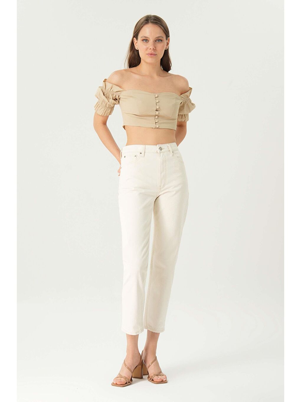 Ariana Natural Ekru Yüksek Bel Patı Fermuarlı Mom Jean Pantolon C 4525-183
