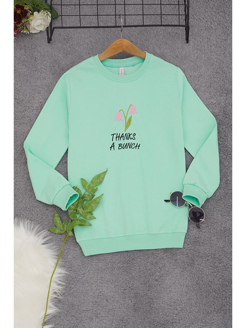Yeşil Lale Nakışlı Kız Çocuk Kız Çocuk Sweatshirt 17210