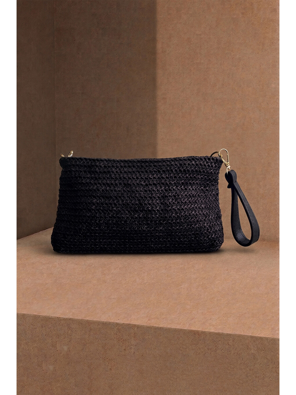 Siyah Zincir Askılı Hasır Portföy Clutch Çanta-1
