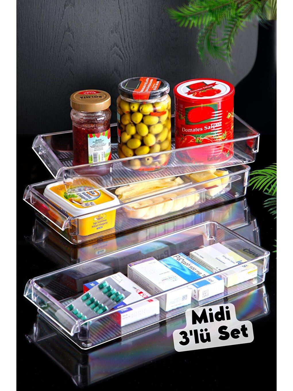 Nandy Home Şeffaf MİDİ New Clear Buzdolabı & Dolap İçi Düzenleyici Organizer 3 Adet