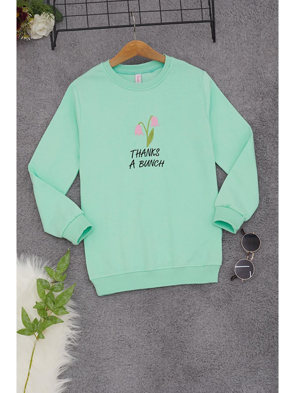 Yeşil Lale Nakışlı Kız Çocuk Kız Çocuk Sweatshirt 17210-2