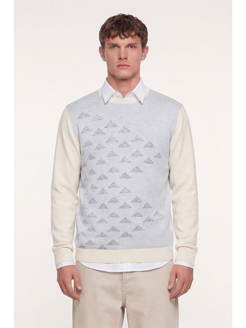 Beyaz Erkek Kemik Normal Kesim Regular Fit Yünlü Bisiklet Yaka Triko Kazak