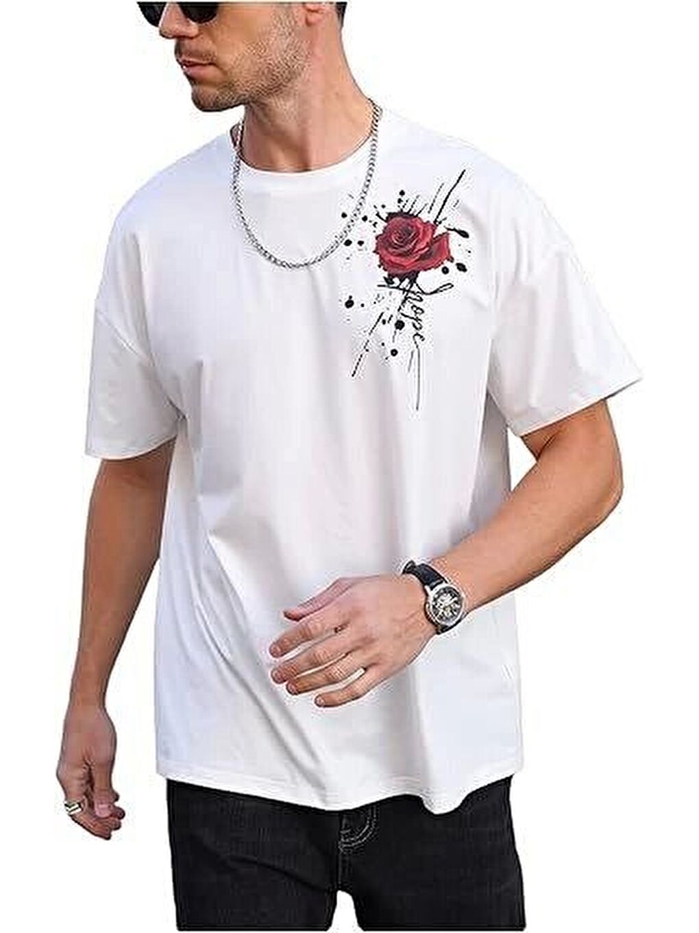 Siyah Erkek Bisiklet Yaka Kısa Kol Baskılı Tişört-1