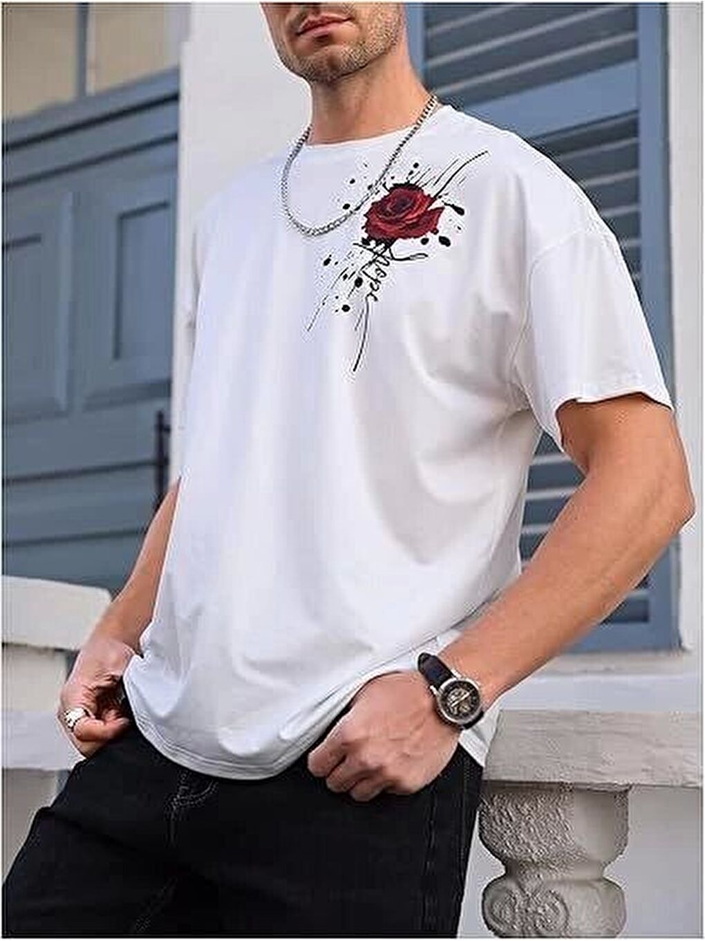 Siyah Erkek Bisiklet Yaka Kısa Kol Baskılı Tişört-2