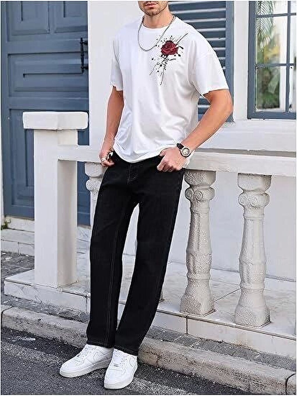 Siyah Erkek Bisiklet Yaka Kısa Kol Baskılı Tişört-3