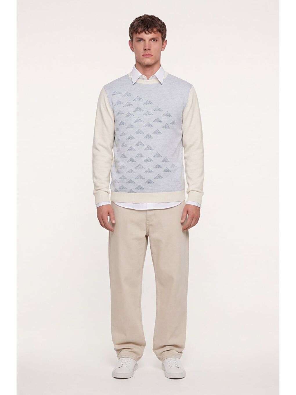 Beyaz Erkek Kemik Normal Kesim Regular Fit Yünlü Bisiklet Yaka Triko Kazak-1