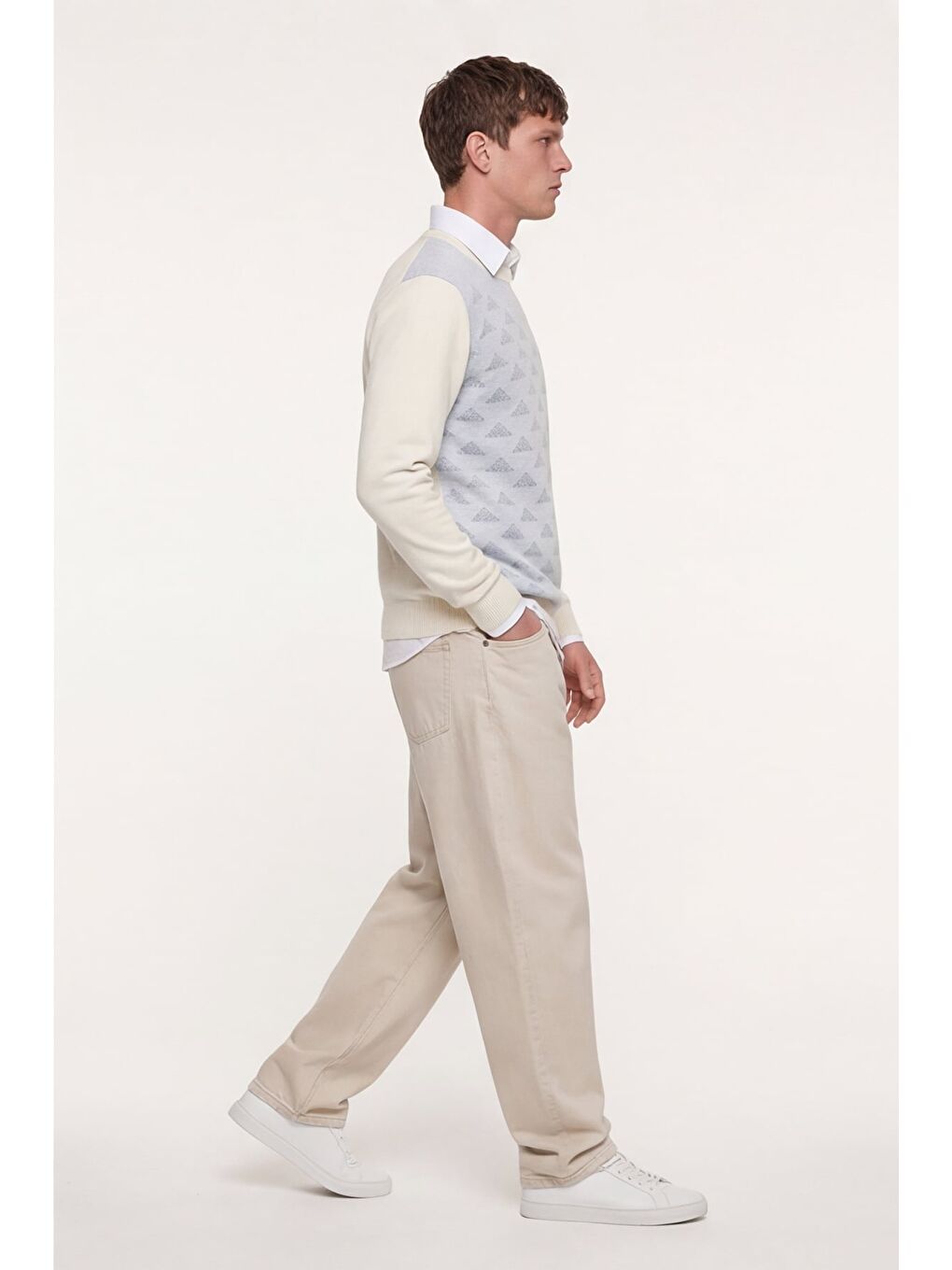 Beyaz Erkek Kemik Normal Kesim Regular Fit Yünlü Bisiklet Yaka Triko Kazak-2