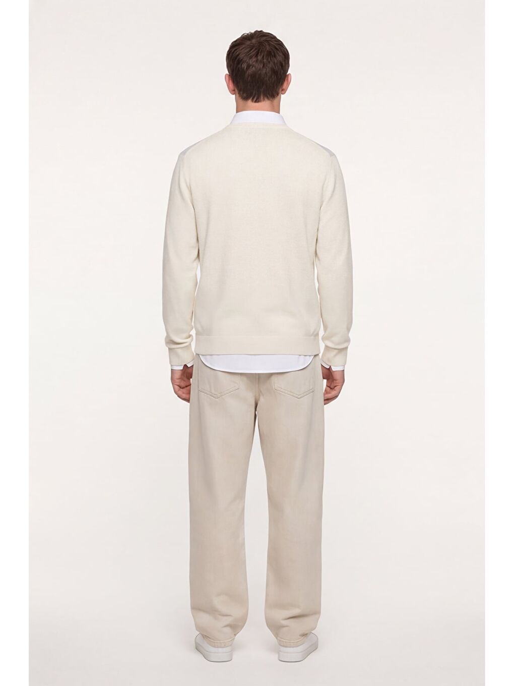 Beyaz Erkek Kemik Normal Kesim Regular Fit Yünlü Bisiklet Yaka Triko Kazak-3