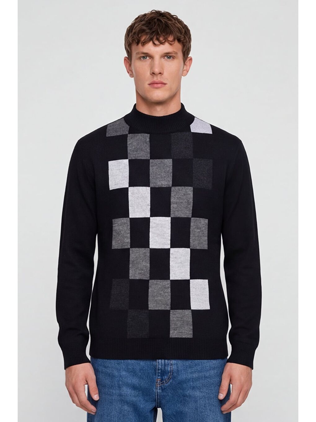 Erkek Siyah Normal Kesim Regular Fit Yünlü Dokuma Desenli Triko Kazak