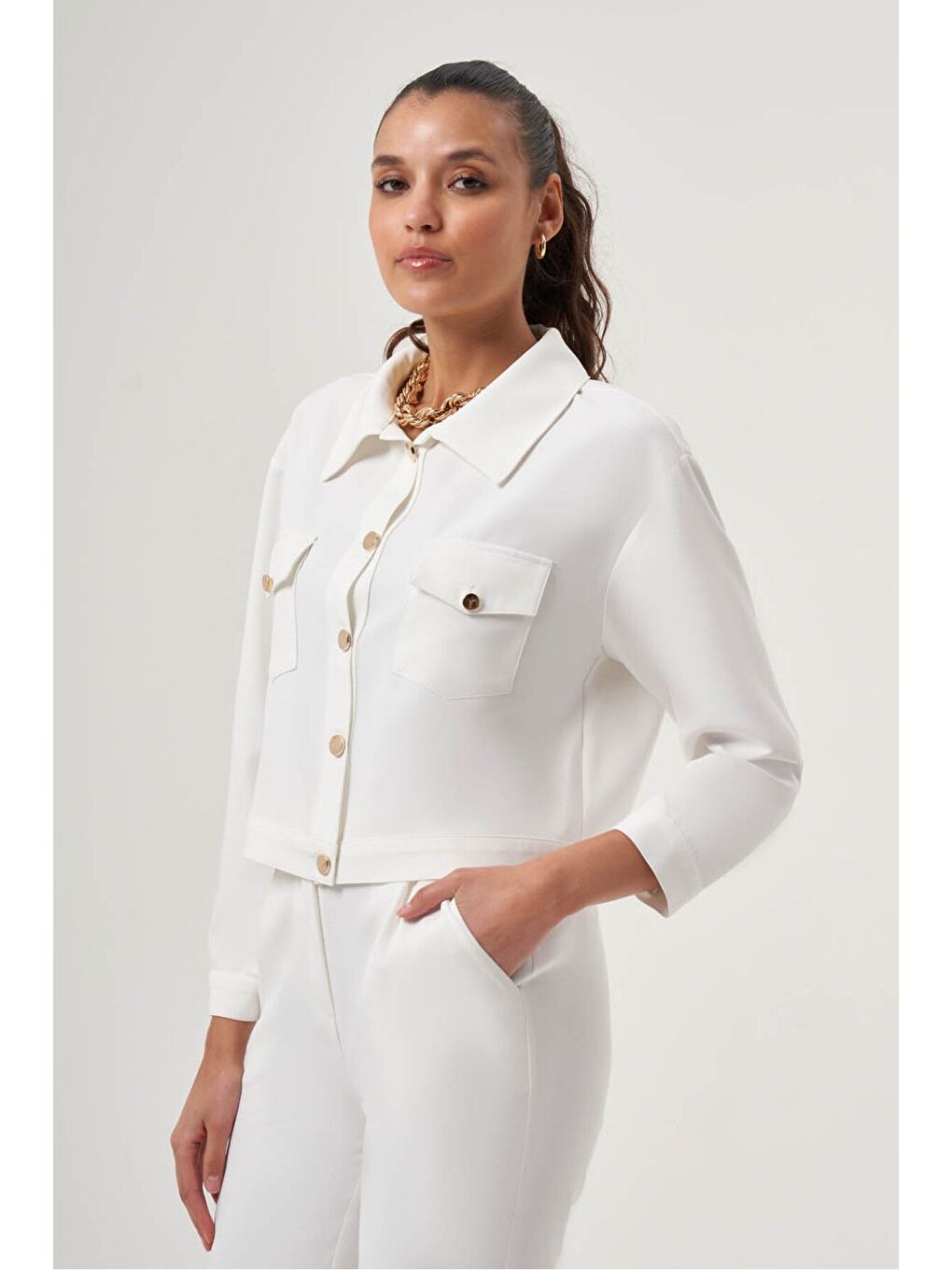 MZL Ekru Gömlek Yaka Cepli Ceket-1