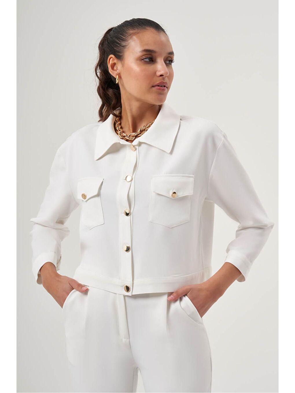 MZL Ekru Gömlek Yaka Cepli Ceket-2