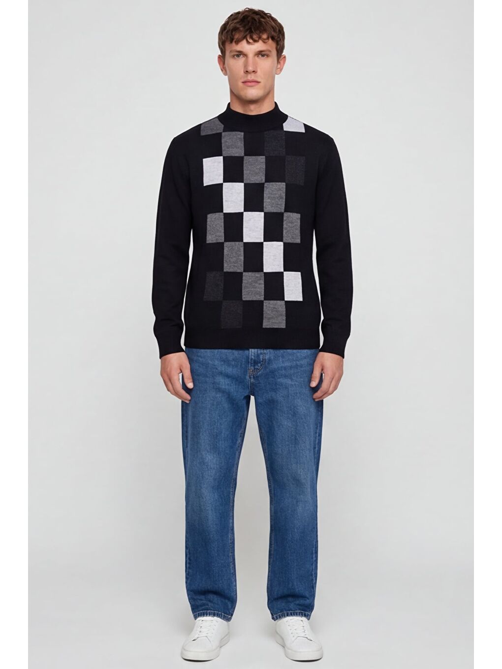 Erkek Siyah Normal Kesim Regular Fit Yünlü Dokuma Desenli Triko Kazak-1