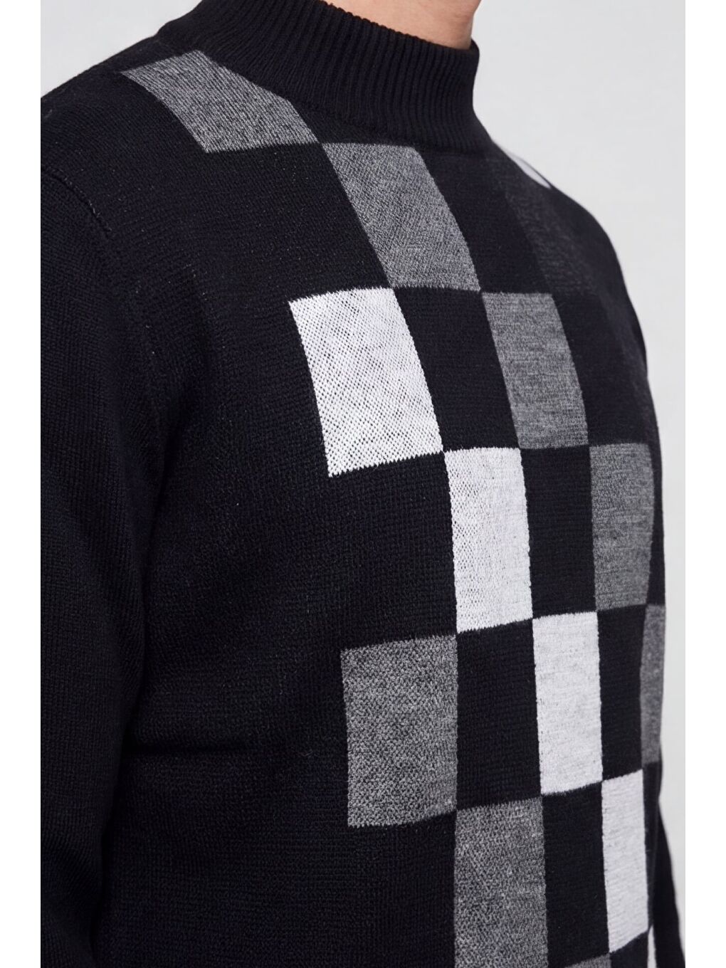 Erkek Siyah Normal Kesim Regular Fit Yünlü Dokuma Desenli Triko Kazak-2